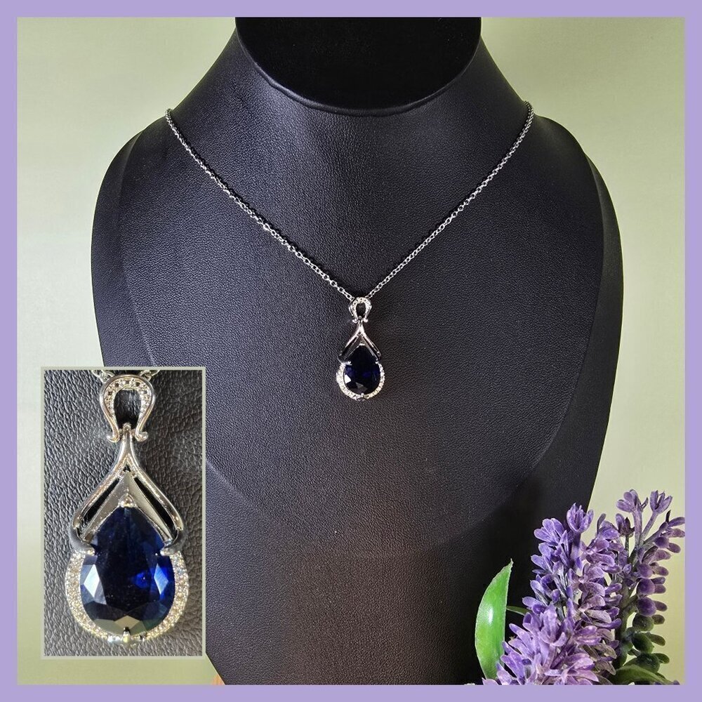 Sapphire Crystal Teardrop Pendant 17.5"‎ Necklace With Horseshoe Bail (NWOT)